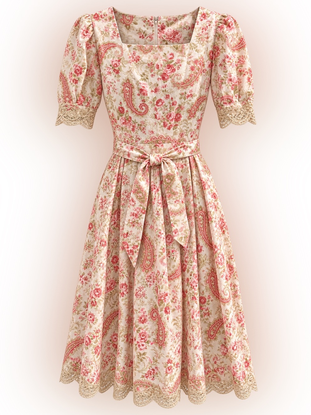 TaylorMade Cream and Pink Paisley Floral Midi Dress with Waist Tie